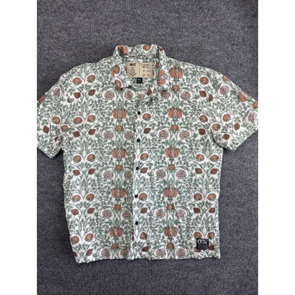 Picture Organic‎ Shirt Mens XL Green Floral Button Up Tencel Short Sleeve Eco